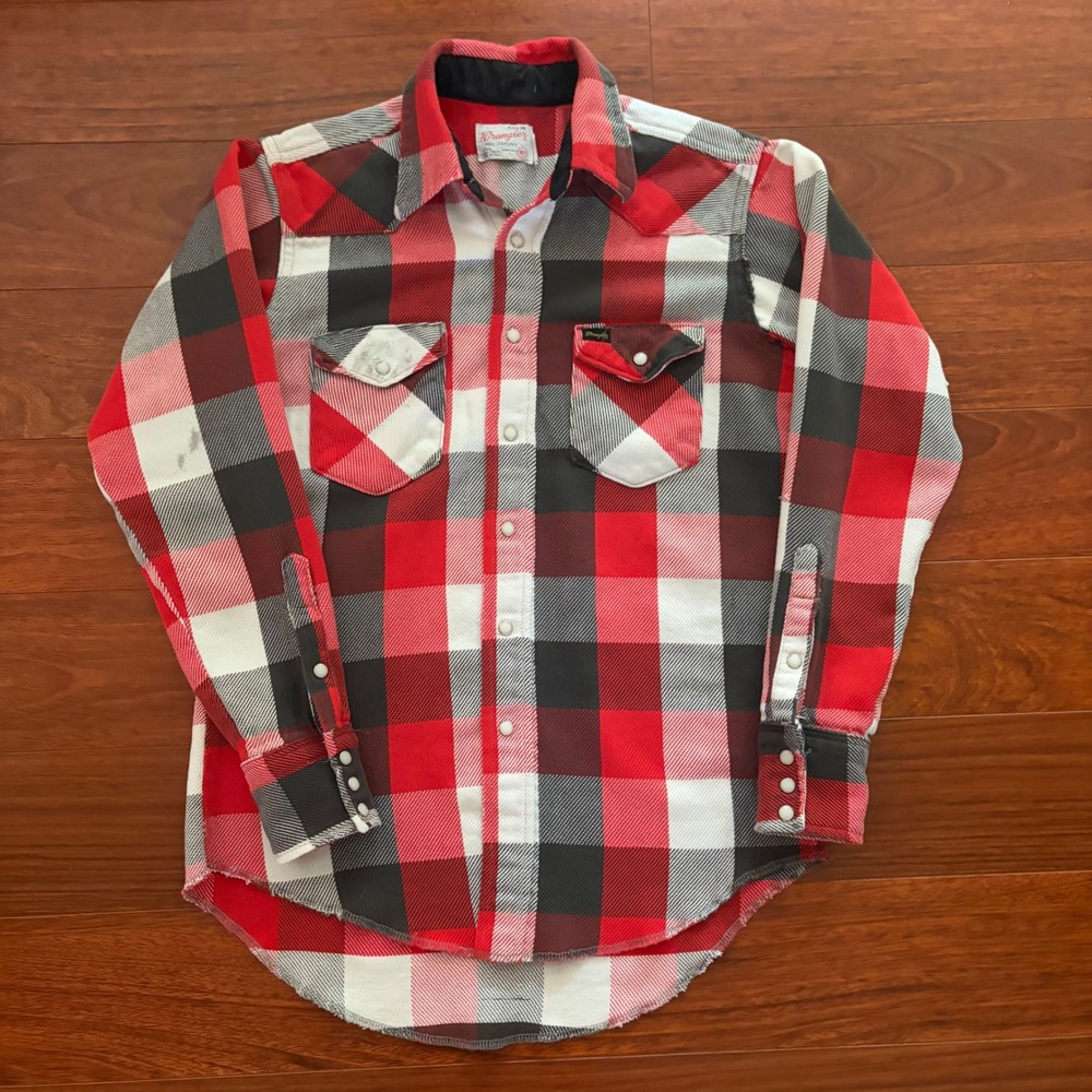 Wrangler Mens Vintage Pearl Snap Shirt 15.5x34 Red Black Plaid Western Flannel